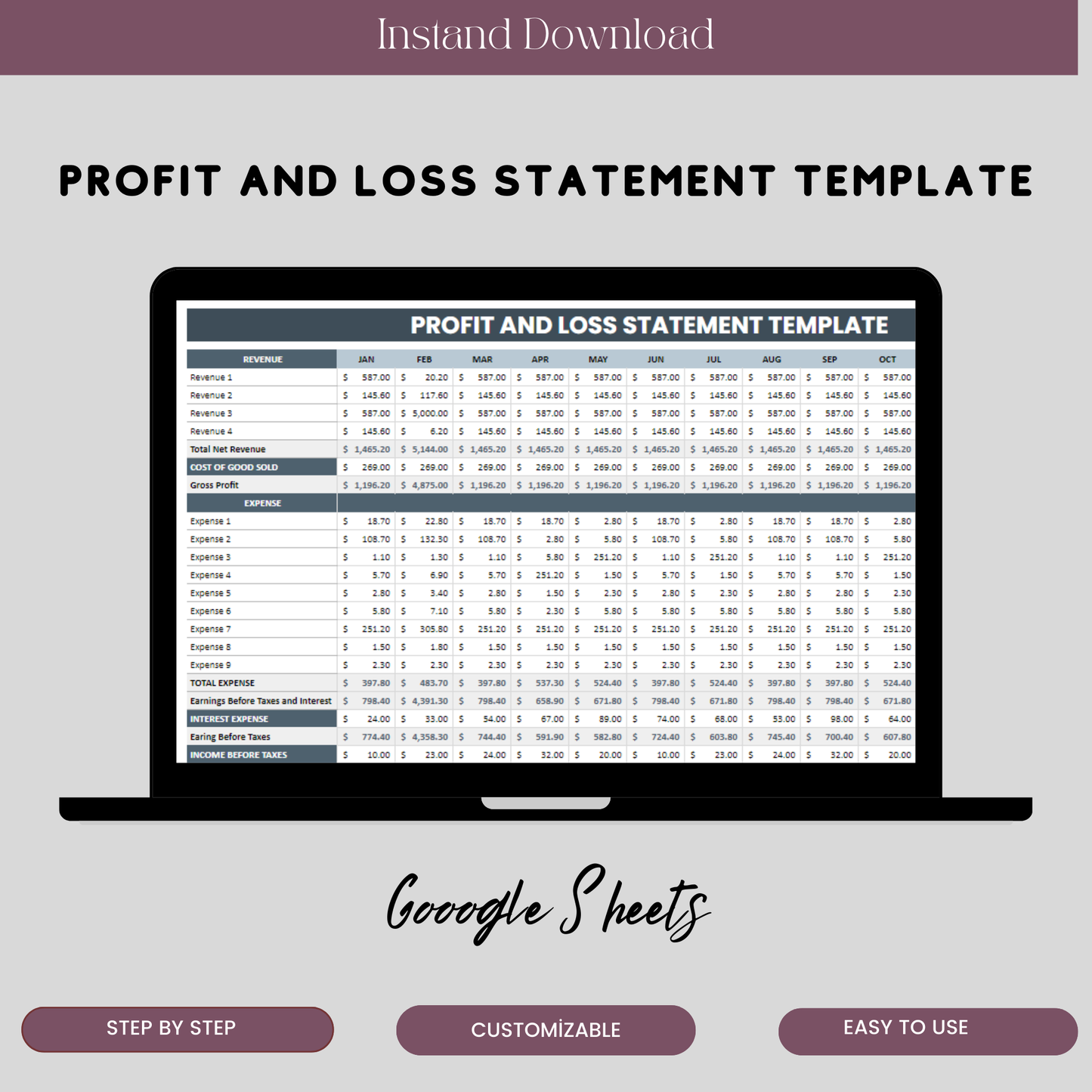 Profit and Loss Statement Template for Google Sheets, Editable Financial Report, Digital Download for Small Business - TekbuDigital