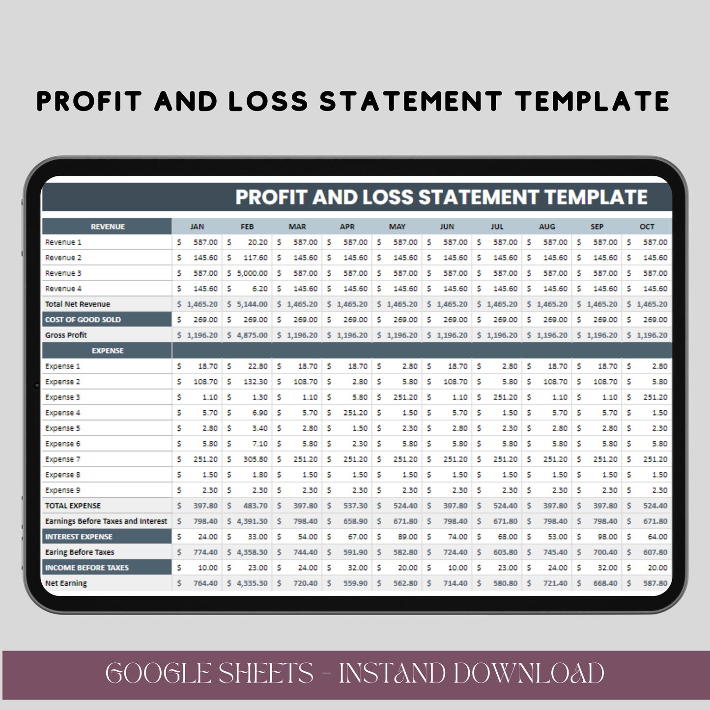 Profit and Loss Statement Template for Google Sheets, Editable Financial Report, Digital Download for Small Business - TekbuDigital