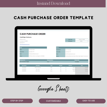 Cash Purchase Order Template for Google Sheets, Editable Order Tracker, Digital Download for Business Transactions - TekbuDigital