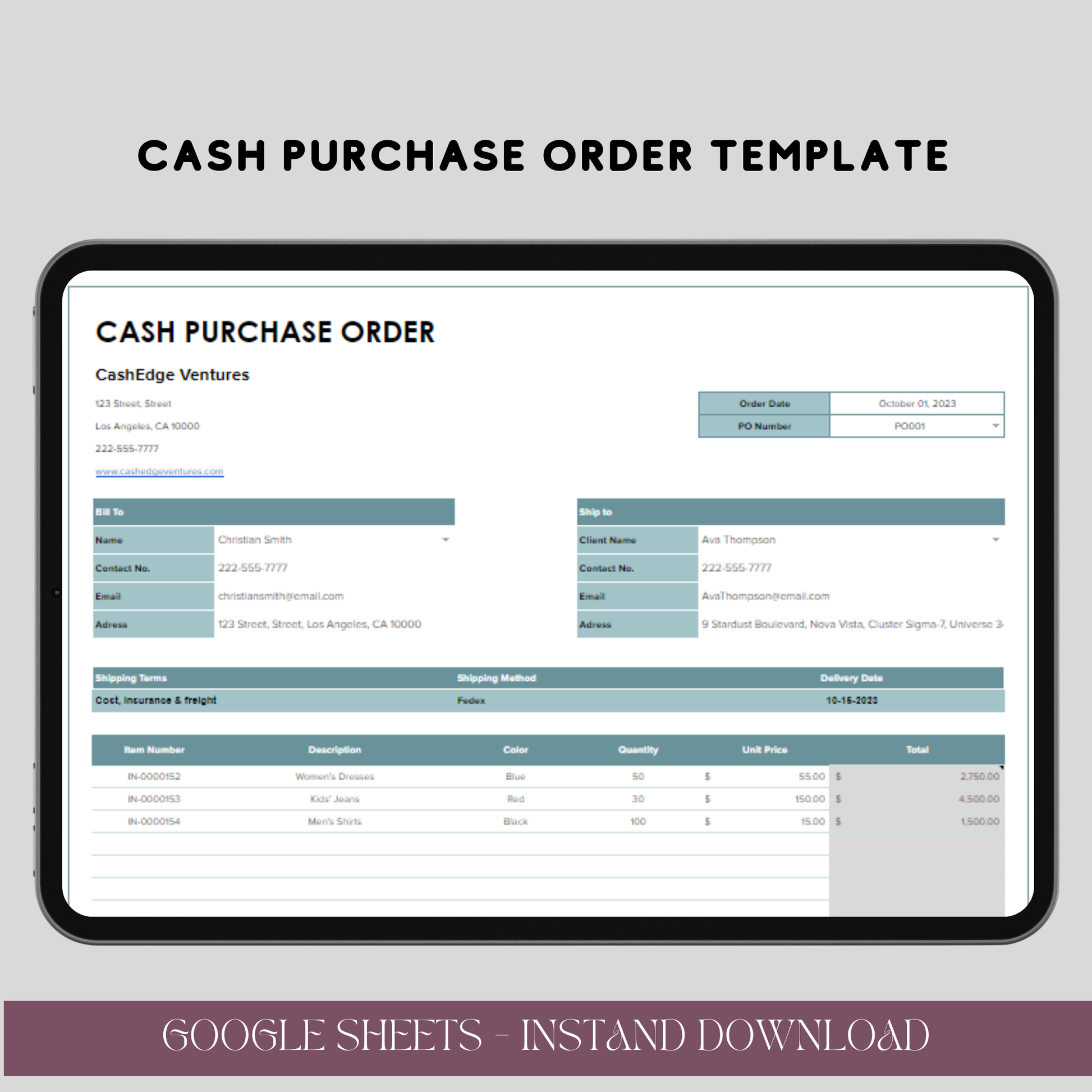 Cash Purchase Order Template for Google Sheets, Editable Order Tracker, Digital Download for Business Transactions - TekbuDigital