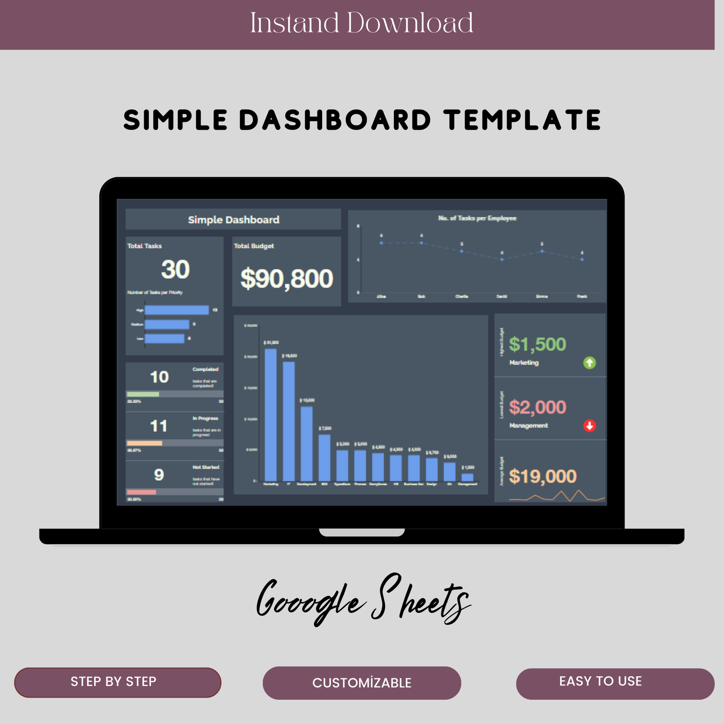 Simple Dashboard Template for Google Sheets, Editable Digital Download, Track Data & Metrics, Easy-to-Use for Personal & Business - TekbuDigital