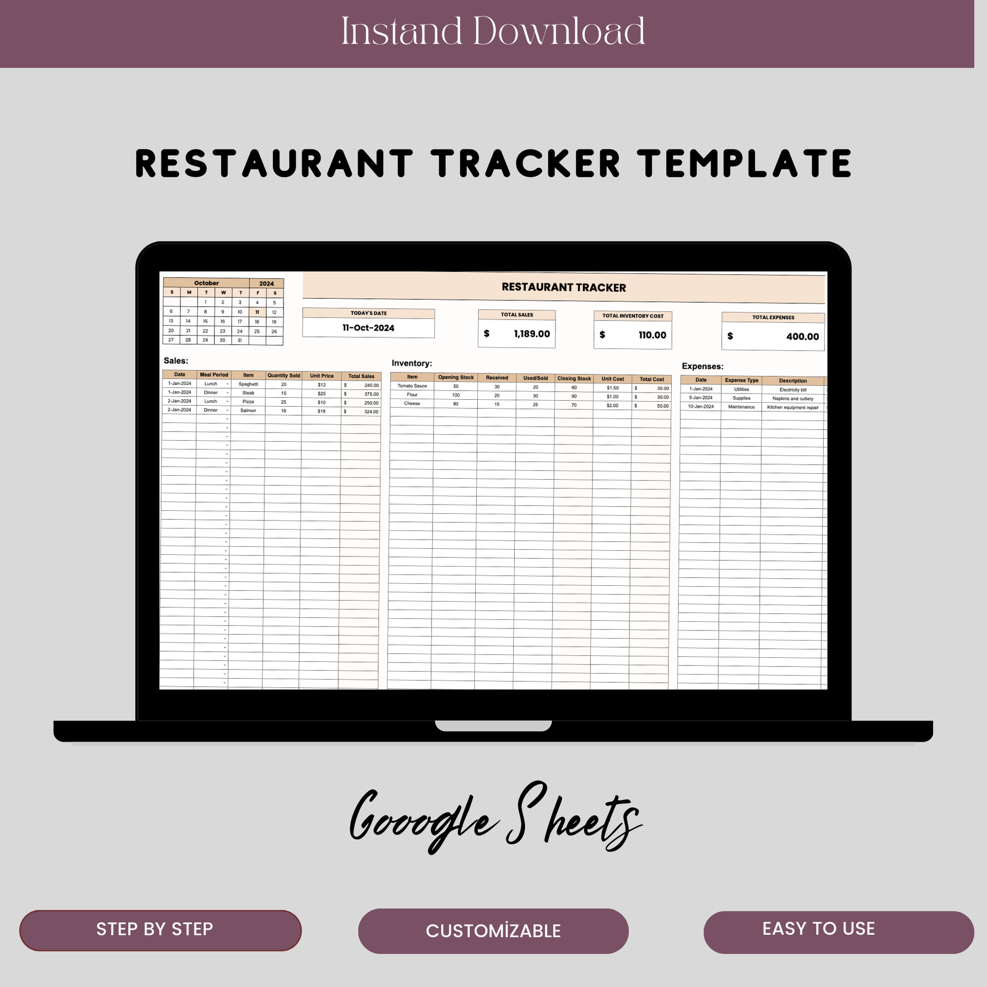 Restaurant Tracker Template for Google Sheets, Editable Inventory and Expense Tracker, Digital Download for Restaurant Management - TekbuDigital