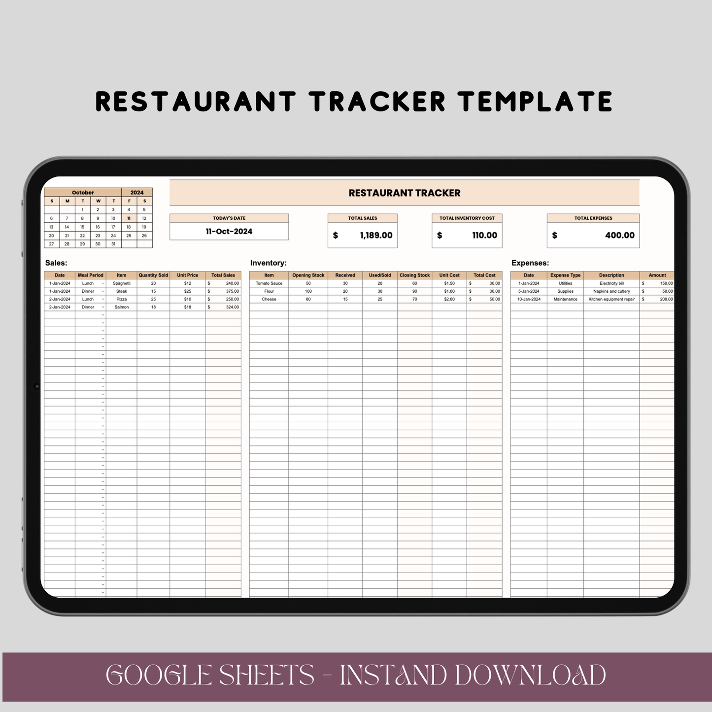 Restaurant Tracker Template for Google Sheets, Editable Inventory and Expense Tracker, Digital Download for Restaurant Management - TekbuDigital