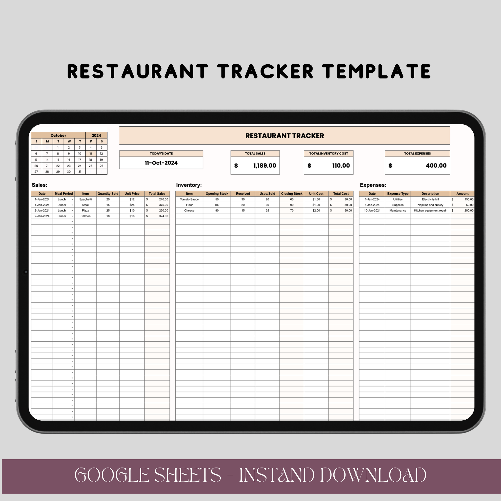 Restaurant Tracker Template for Google Sheets, Editable Inventory and Expense Tracker, Digital Download for Restaurant Management - TekbuDigital