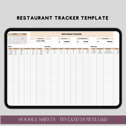 Restaurant Tracker Template for Google Sheets, Editable Inventory and Expense Tracker, Digital Download for Restaurant Management - TekbuDigital