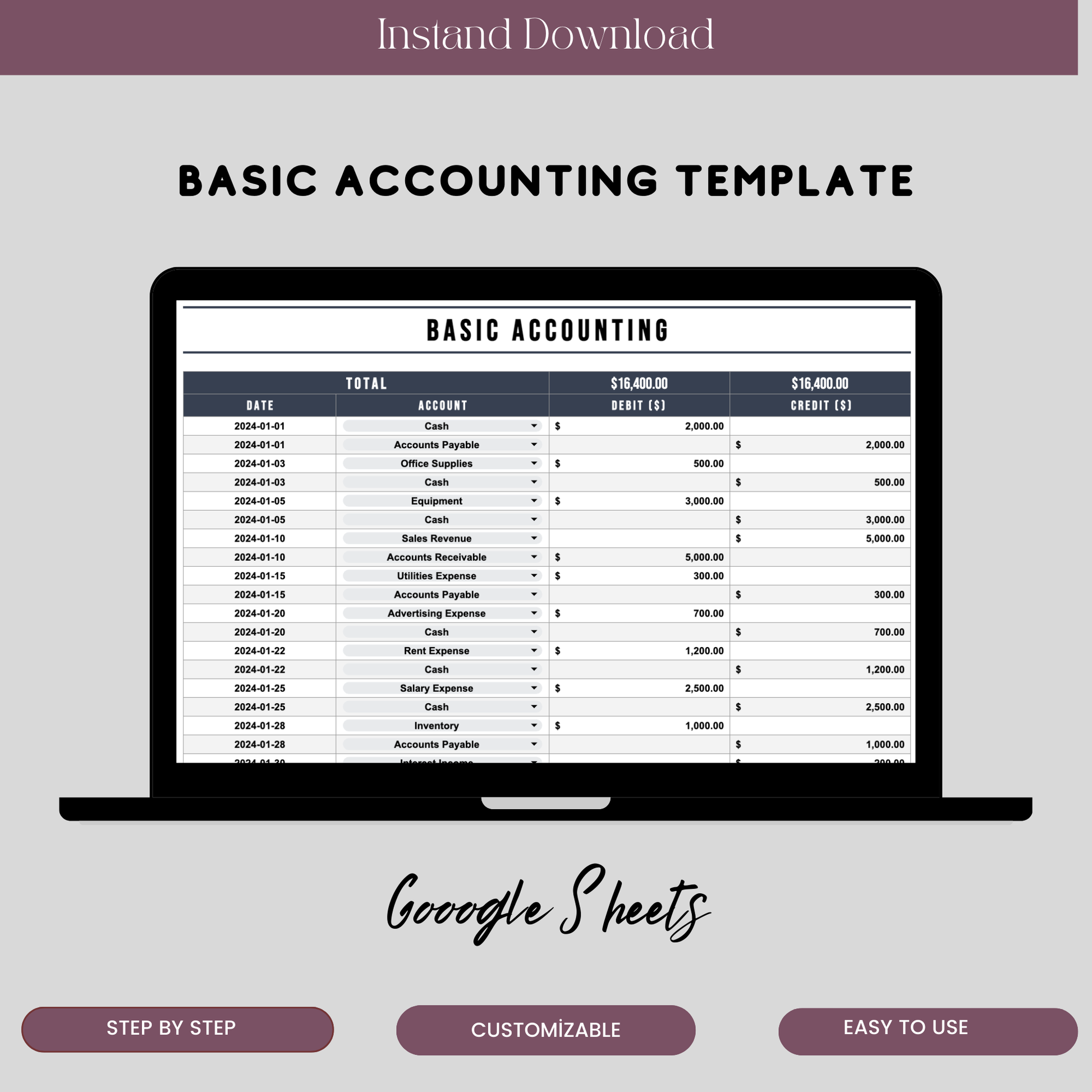 Basic Accounting Template for Google Sheets, Editable Financial Tracker, Digital Download for Small Businesses - TekbuDigital